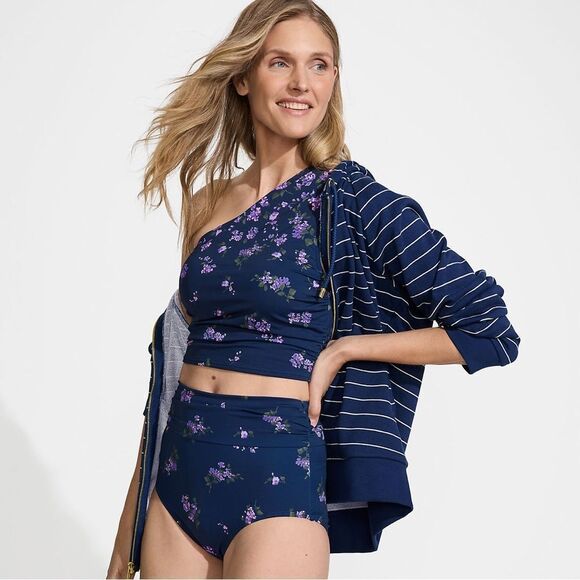 Land's End Plus Size High Waist Bikini Bottoms deep sea Navy bouquet floral 14 - Picture 7 of 8